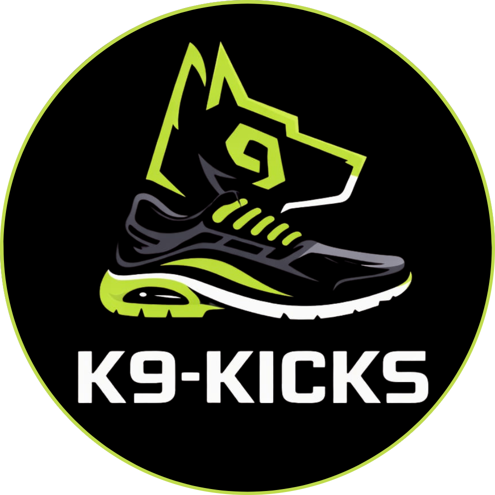 Logo of K9-Kicks with a shoe and dog icon on a black background